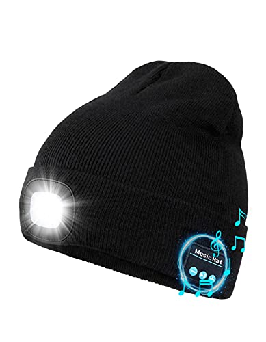 bluetooth cappello con luce led ricaricabile, berretto musicale con torcia a led tecnologia uomo donna idea regalo per ciclismo campeggio escursionismo (Nero)