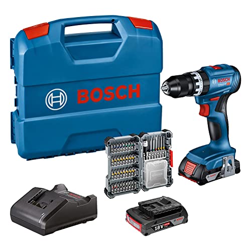 Bosch Professional Trapano avvitatore a percussione a batteria GSB 18V-45 (velocità di rotazione 1.900 minuti¹, 2 batterie da 2,0 Ah, accessori, GAL 18V-20, L-case) – Amazon Exclusive
