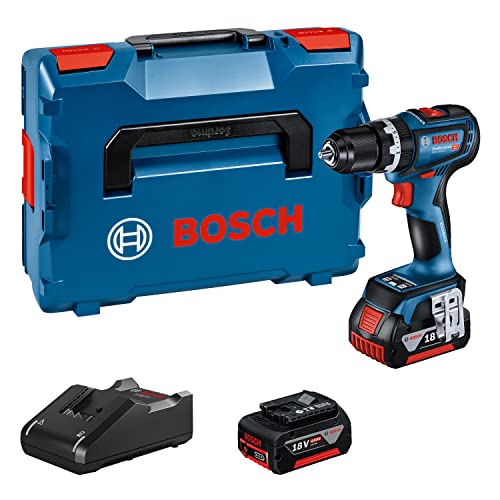 Bosch Trapano-avvitatore con percussione a batteria 18V System GSB 18V-90 C, incl. 2 batterie da 4.0 Ah, caricabatteria GAL 18V-40, in L-BOXX, Blue, 1 2 pollice
