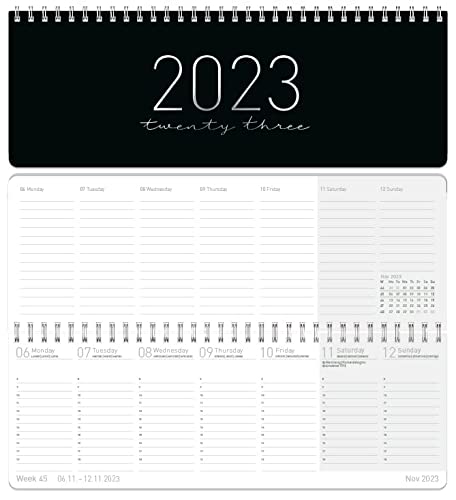 Calendario settimanale internazionale 2023 in formato orizzontale [nero] 1 settimana 2 pagine | calendario settimanale 29,5 x 10,5 cm | calendario da scrivania multilingue | sostenibile e ecologico