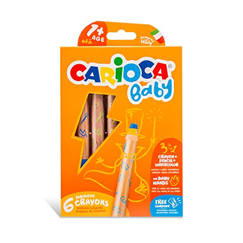 CARIOCA Baby Crayons 3in1, Pastelloni Colorati Super Lavabili per Bambini 3 in 1, Matite Colorate e Pastelli a Cera Acquerellabili, Colori Assortiti, 6 Pezzi