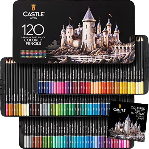 Castle Art Supplies Set di 120 Matite Colorate | Mine Colorate dall’Anima Morbida per Artisti, Professionisti e Coloristi Adulti | Protette e Organizzate in un Cofanetto di Presentazione in Metallo