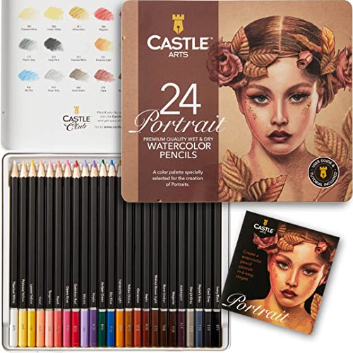 Castle Art Supplies Set di matite ad acquerello a tema Ritratti | 24 colori vivaci selezionati | Disegna e dipingi allo stesso tempo | Per artisti adulti e regali | In scatola speciale di latta