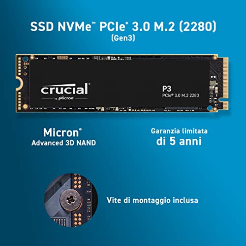 Crucial P3 1TB PCIe 3.0 3D NAND NVMe M.2 SSD, Fino a 3500MB s CT100...