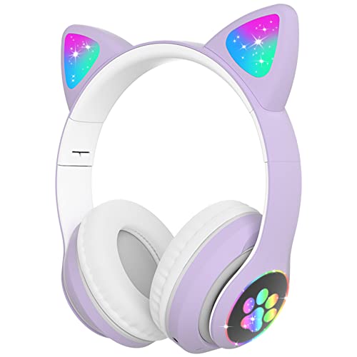 Cuffie Bluetooth per Bambini con Orecchie da Gatto, Woukksy Pieghevole Wireless Cuffie con Luci a LED e Microfono, Over-Ear Cuffie per Ragazza Ragazzo, Adatto per L apprendimento Viaggio -Viola
