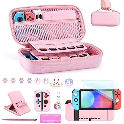 Custodia NS Switch- innoAura Accessoires pour NS Switch 18 In 1 Con Custodia Switch Per Il Trasporto, Custodia Switch Per Gioco, Protezione Switch Per Schermo, Supporto Per Switch,Thumb Grips(Rosa)
