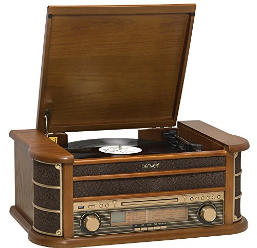 Denver MCR-50 Giradischi design retrò. Radio FM AM. Lettore CD e cassetta. Altoparlanti da 5 W. Funzione di registrazione Custodia in legno.