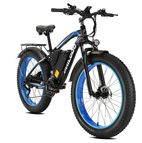 E-MTB 26 , Bicicletta Elettrica da Montagna con 4,0 Pneumatici Grassi Batteria al Litio 48 V 13 Ah (624 Wh), 85 N.m, Shimano 21 Velocità, Freni a Disco Idraulici - Blu