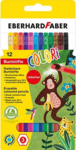 Eberhard Faber Colori 514817 - Matite colorate cancellabili a forma esagonale, in 12 colori, in scatola di cartone, per dipingere, illustrazioni e disegnare