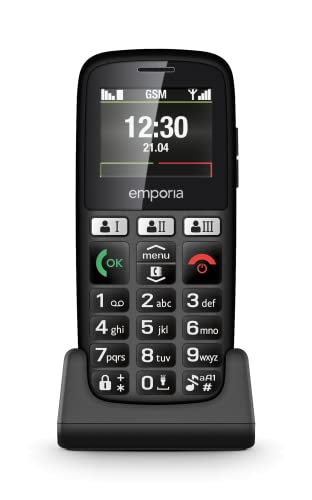 Emporia Happy - Telefono cellulare per Anziani, robusto e di qualità, Volume alto, Display a colori, Bluetooth, 3 Tasti di chiamata rapidi, Tasti Grandi illuminati, Basetta di ricarica, Nero (Italia)
