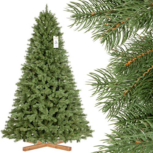 FairyTrees Albero di Natale, artificiale, Abete Rosso   Peccio Reale Premium, con supporto in legno, 220cm, FT18-220