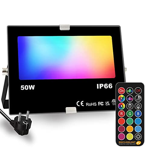 Faretto LED RGB Esterno Proiettore, modifica del colore 50W, modalità di strobo personalizzata DIY, colori RGB 12, tempi, telecomando incluso, IP66 impermeabile