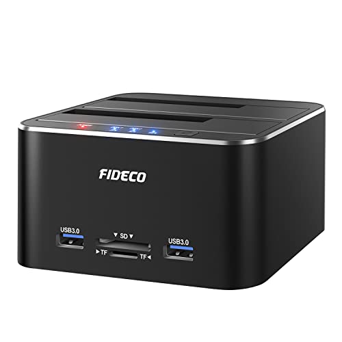 FIDECO Docking Station per Disco Rigido, Alluminio Docking Station USB 3.0 per HDD o SSD SATA da 2,5 e 3,5 Pollici, Lettore Di Schede TF e SD e 2 Porte USB 3.0, Supporto Clone Offline