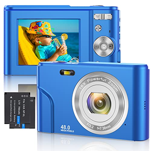 Fotocamera Digitale 1080P FHD Mini Messa a Fuoco Automatica Videocamera 48MP Ricaricabile Piccola Vlog Fotocamera Compatta Zoom Digitale 16X Regalo per Bambini, Studenti, Adulti, Principianti(Blu)
