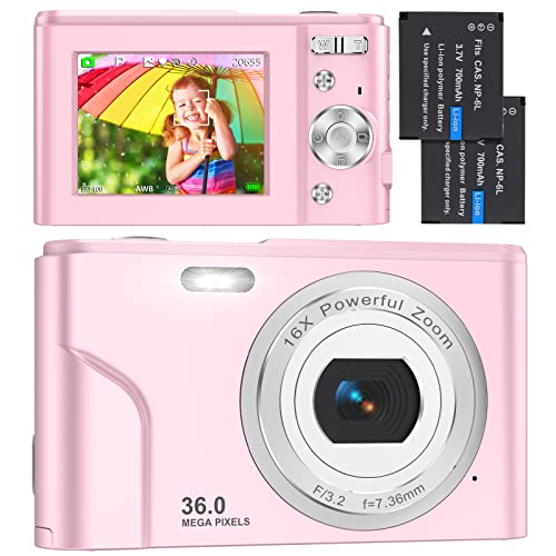 Fotocamera Digitali Compatte 1080P HD Macchina Fotografica, 36 MP Fotocamera Vlogging con Zoom Digitale 2.4  LCD Mini Video Fotocamer con 2 Batteria per Bambini, Adulti, Principianti