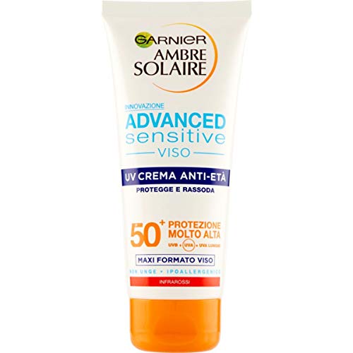 Garnier Ambre Solaire UV Crema Viso Anti-Età Advanced Sensitive, SPF 50+, Protezione Molto Alta, Arricchita con Acido Ialuronico, Maxi Formato, 100 ml
