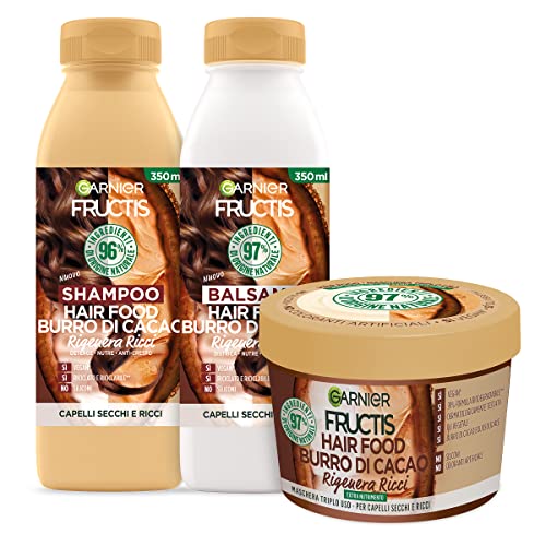 Garnier Fructis Hair Food Burro di Cacao, Kit con Shampoo, Balsamo e Maschera per Capelli Secchi e Ricci, Fino al 98% di Ingredienti di Origine Naturale, Senza Siliconi