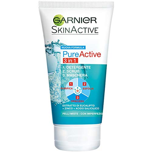 Garnier Skin Active Pure Active 3in1 Argilla, Pelli Miste - Con Imperfezioni Detergente + Scrub + Maschera, 150 ml