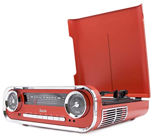 Giradischi Designer Auto d epoca 2 altoparlanti stereo da 3W integrati lettore lp con radio FM, funzione Bluetooth, USB, AUX | 3 velocità (33, 45, 78) Lauson 01TT17 (Rosso)