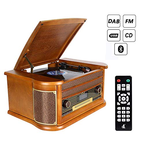 Giradischi vintage 7 in 1 in legno con giradischi Bluetooth, DAB，FM, altoparlanti stereo integrati, lettore CD, MP3 e CASSETTE, riproduzione e codifica USB