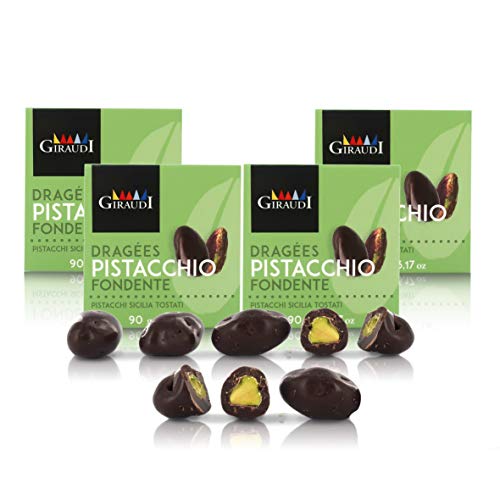 Giraudi Pistacchi di Bronte ricoperti di Cioccolato Fondente Artigianale, 90g, Linea Le Dragées (Confezione da 4 Pezzi)