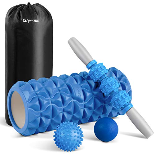 Glymnis Foam Roller Kit 4 in 1, Includono 1 x Rullo Massaggio Muscolare 1 x Bastone Massaggio e 2 x Pallina Massaggio per Recupero Muscolare dei Tessuti Profondi, Rilascio Miofasciale, Yoga