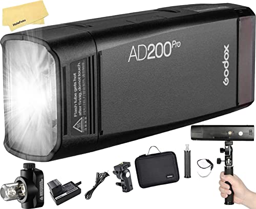 Godox AD200 Pro AD200Pro Flash per Fotocamere Sony Canon Nikon Fujifilm Fuji Olympus, TTL 2.4G HSS 1 8000s, Batteria da 2900 mAh, 500 Flash a Piena Potenza, Riciclaggio 0.01-1.8s