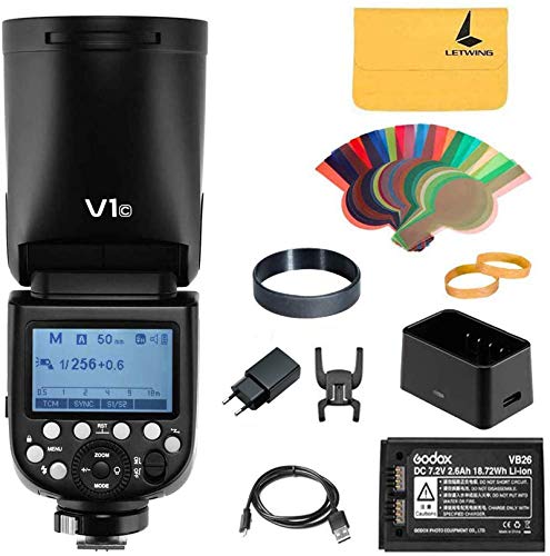 Godox V1-C Flash per Canon, Lampeggiatore a Testa Tonda 76Ws 2.4G TTL, HSS 1 8000, Batteria al Litio da 2600 mAh, Lampada Modellante a LED a 10 Livelli