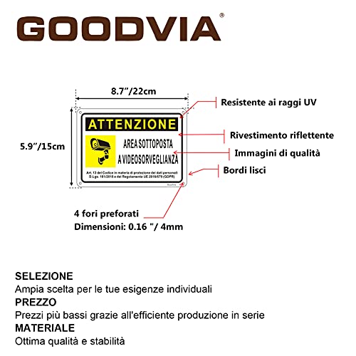 Goodvia Cartello area Videosorvegliata Metallo 15x22cm, Segnaletica...