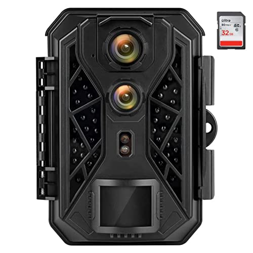 HAPIMP Fototrappola 4K 32MP Fotocamera Caccia con Dual-Lens Fototrappola Infrarossi Invisibili Visione Notturna Fino a 20m Velocità di Trigger 0,1 s per La Caccia, Monitoraggio Della Sicurezza （Nero）