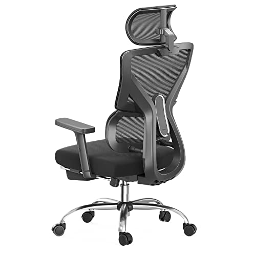 Hbada Sedia da ufficio ergonomica, sedia girevole con schienale regolabile, supporto lombare, poggiatesta e bracciolo, sedia in rete, sedia da scrivania con poggiapiedi, nera