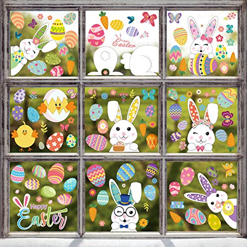 Hianjoo 130 PCS Adesivi per Finestre Pasqua, 9 Fogli Easter Window Cling Easter Bunny Window Stickers Adesivi statici in PVC, Farfalla per la Decorazione di Pasqua