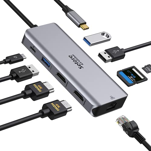 Hub USB C Dual HDMI, Adattatore USB C con 2 HDMI 4K, Ethernet RJ45, USB 3.0, USB 2.0, PD 100W, Lettore di Schede SD TF, Docking Station USB C 9 in 1 hub display per MacBook DELL HP, etc