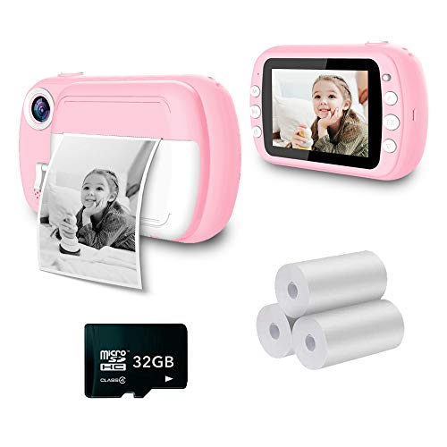 i-Paint P9 Macchina fotografica istantanea per Bambini, Stampa B N su carta termica, Fotocamera 1080P Videocamera Digitale FHD, LCD da 3.5 , Micro SD da 32GB, Colore Rosa