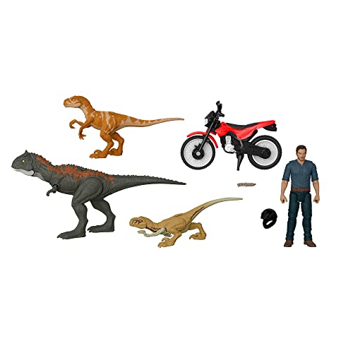 Jurassic World - Collezione Legacy Owen e la fuga del Dinosauro Set con Moto e il Personaggio Owen Grady, Giocattolo per Bambini 4+ Anni, HFG64