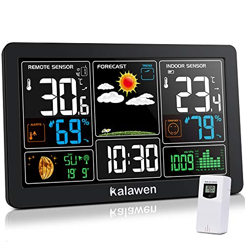 Kalawen Stazione Meteo Meterologica Digitale con Sensore Esterno Wireless Automatica con Schermo LCD Display Sveglia Orario Data Temperatura umidità Previsioni Meteo