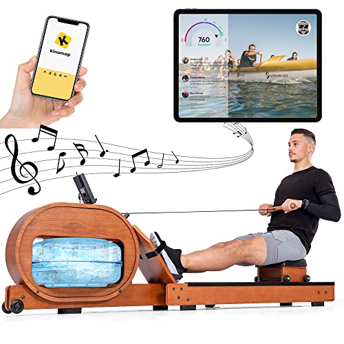 KecDuey Vogatore ad acqua, display LCD, con e senza app (Kinomap), sedile ergonomico, supporto per pad o cellulare, vogatore in vero legno per casa fino a 150 kg