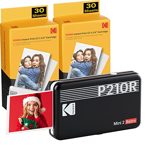 KODAK Mini 2, stampante portatile Bluetooth, stampante fotografica di piccole 54 x 86 mm, 68 fogli, connessione wireless, compatibile con smartphone iOS e Android - Nera