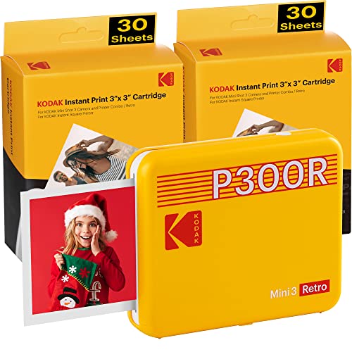 KODAK Mini 3 Stampante Bluetooth portatile per cellulare, 6 cartucce incluse, foto istantanee formato quadrato 76x76 mm, Compatibile iOS e Android - Gialla