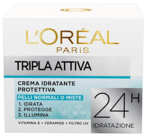 L Oréal Paris Tripla Attiva Crema Viso Idratante Protettiva Giorno per Pelli Normali o Miste, 50 ml