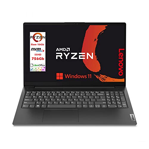 Lenovo Notebook, Ryzen 5 5500U 6 core, Display 15.6  Full Hd, Ram 16 Gb ddr4, SSHD 756 Gb, Pc portatile Windows 11 PRO, Wi Fi ,Usb, Ready to use