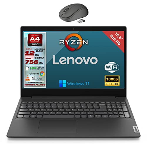 Lenovo, Pc portatile notebook pronto all uso, Display FHD da 15,6 , cpu AMD Ryzen 3, ram 12Gb, sshd 756Gb, windows 11 pro, computer portatile + mouse wireless
