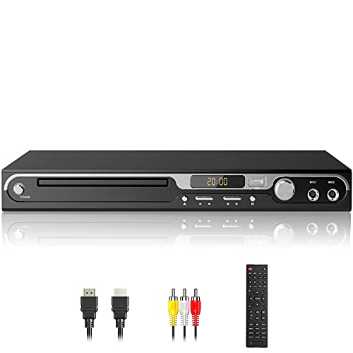Lettore DVD HD 1080P per TV, lettore DVD HDMI con doppio ingresso per microfono, lettore DVD region free supporto ingresso USB uscita HDMI AV, pulsante in metallo di alta qualità e suono Dolby