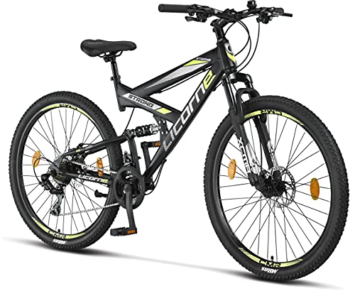 Licorne Bike Strong 2D Premium Mountain Bike Bicicletta per Ragazzi, Ragazze, Donne e Uomini – Freno a Disco Anteriore e Posteriore – 21 Marce – Sospensione Completa (Nero Lime, 27,5)