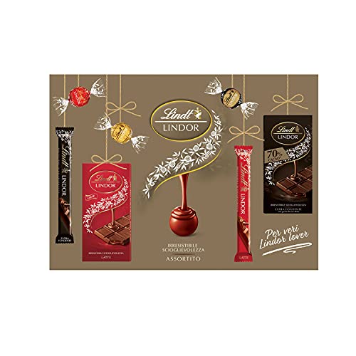 Lindt LINDOR Cioccolato al Latte, Extra Fondente, Bianco, Confezione Assortita con Tavolette, Praline, Snack, in confezione formato 600g