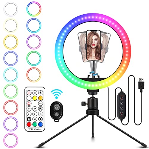 Luce per Selfie Tik Tok, PTN 10  LED Ring Light con Stativo Treppiede, 26 Colori RGB Ring Light con Supporto Treppiede per Cellulare, Luce ad Anello con 3 Modalità di Illuminazione e 9 Luminosità