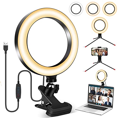 Luce per Videoconferenza, 8  Luce ad Anello LED, Selfie Ring Light, Luce per Selfie con Stativo Treppiede & Clip con 3 modalità e 10 Livelli per Videoconferenza