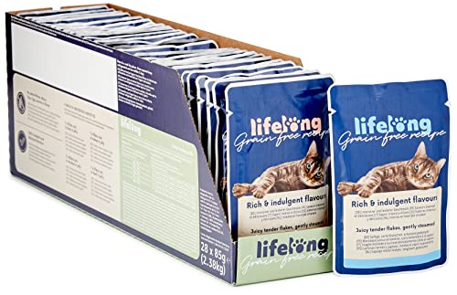 Marchio Amazon - Cibo umido per tutta la vita senza cereali per gatti adulti - selezione di anatra, pollo, tacchino e manzo in gelatina, 2,4 kg (28 sacchetti x 85 g)