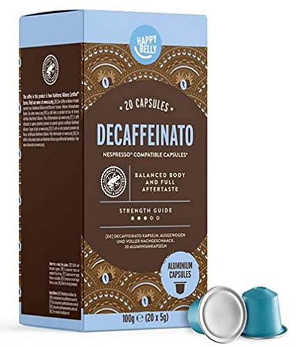 Marchio Amazon - Happy Belly Espresso decaffeinato Caffè tostato e macinato in capsule, in alluminio, compatibili Nespresso, 20 capsule (1x20) - Rainforest Alliance