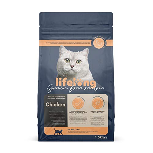 Marchio Amazon - Lifelong - Alimento secco completo per gatti con pollo fresco. Ricetta senza grano - 1,5 kg